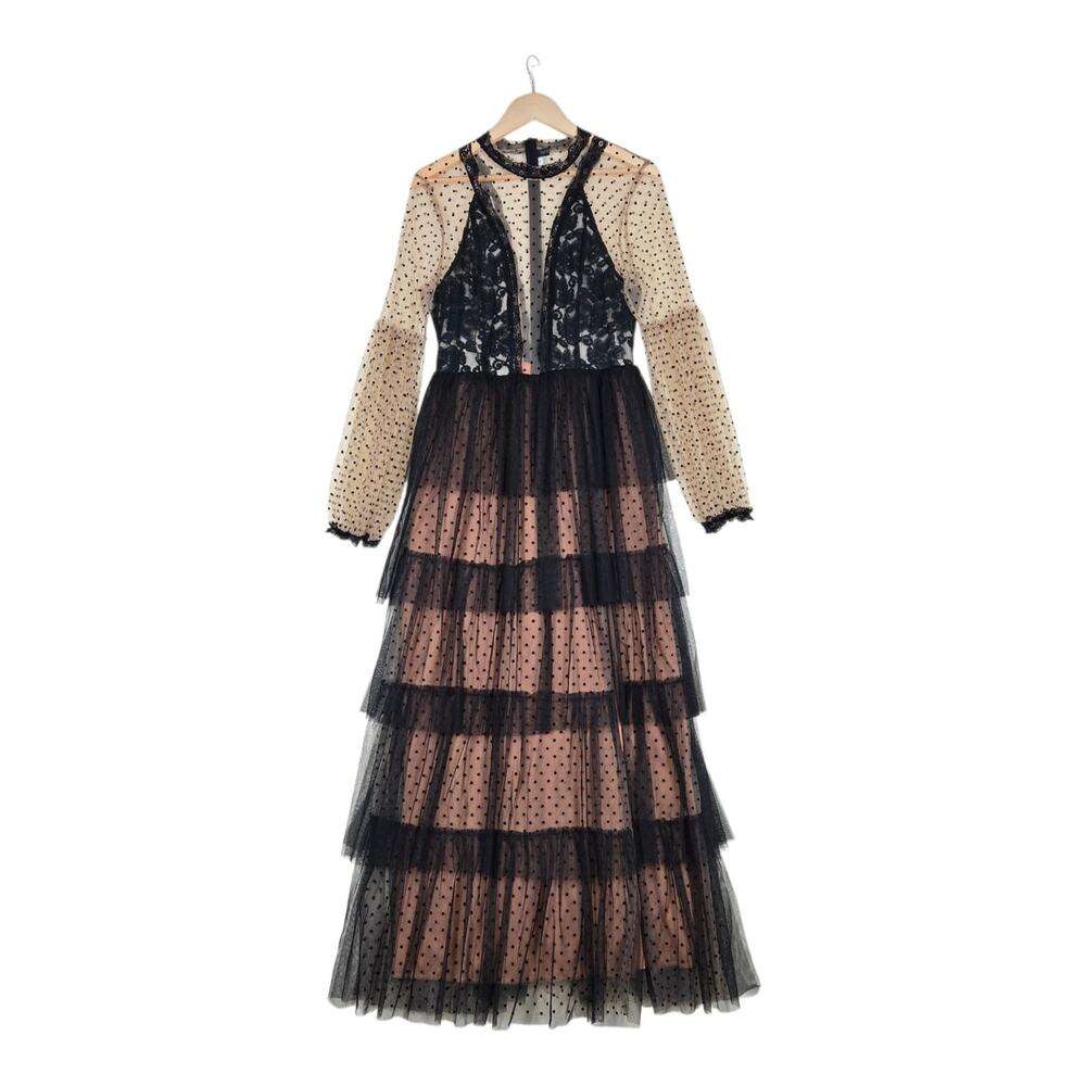 Giffniseti Noir Polka Dot Tulle Maxi Dress L* Lace Illusion Mesh Whimsigoth